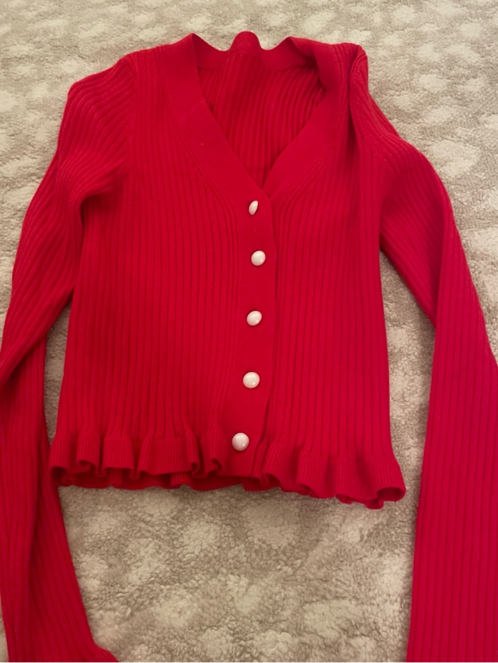 Commense Red Ribbed V-Neck Button Cardigan Sweater